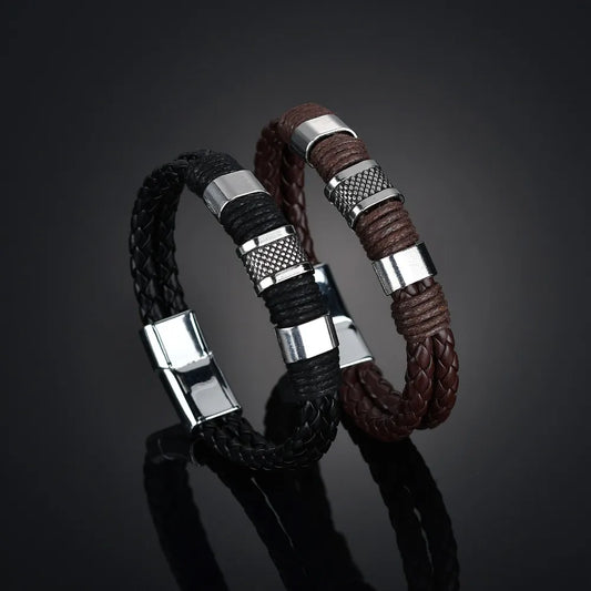 Multilayer Braided Leather Bracelet Men Stainless Steel Magnetic Clasp Trendy Men Bracelet Woven Bangle Armband pulsera hombre