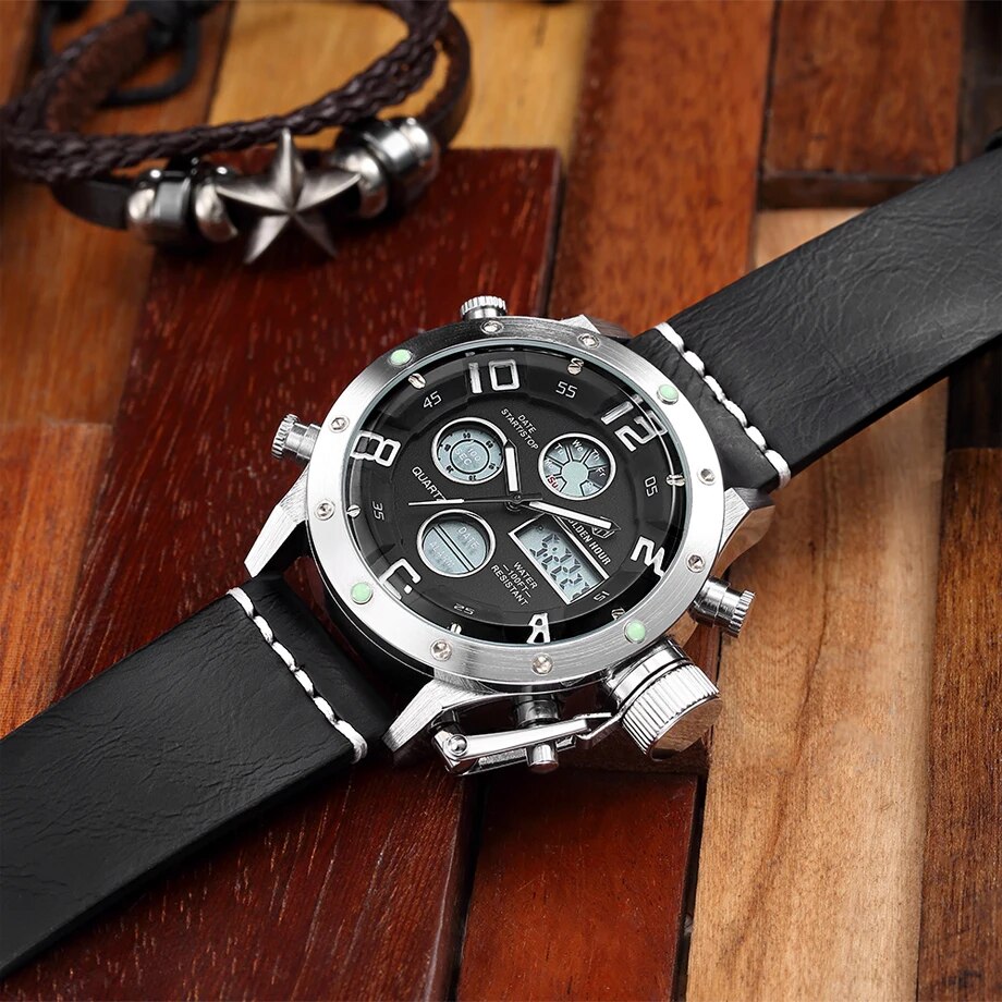 Luxus Marke Wasserdichte Leder Quarz Analog Uhr Männer Digitale LED Armee Militär Sport Armbanduhr Uhr Relogio Masculino