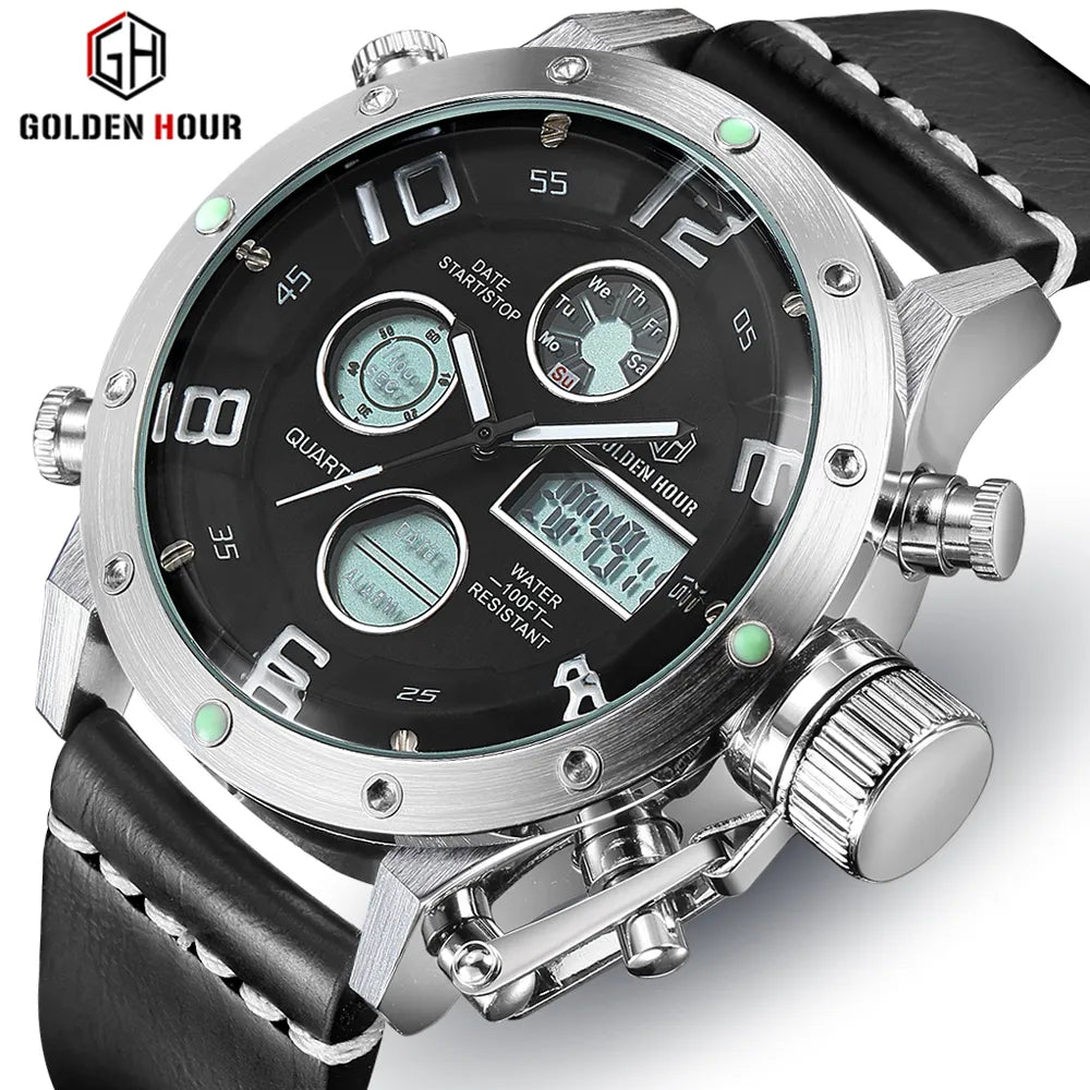 Luxus Marke Wasserdichte Leder Quarz Analog Uhr Männer Digitale LED Armee Militär Sport Armbanduhr Uhr Relogio Masculino