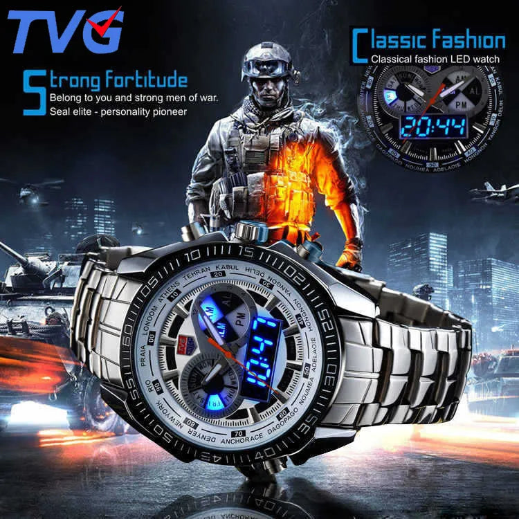 Men Watches Waterproof Quartz Watch Double Display Sport TVG Brand Digital LED Military Writewatch Stainless Steel Male Clock