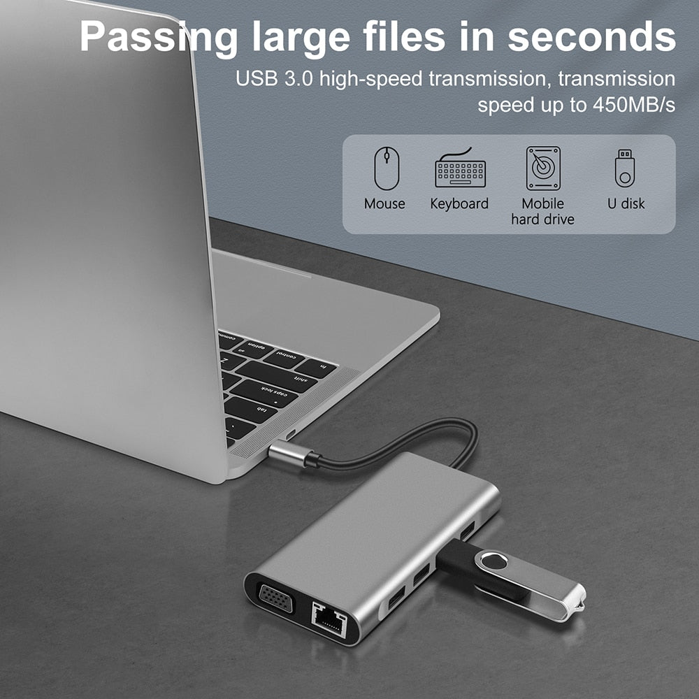 USB-Typ-C-Hub Typ-C HDMI-kompatibel 4K VGA RJ45 Lan Ethernet SD TF USB-C 3.0 Typec 3,5-mm-Buchse Audio Video für MacBook Pro OTG