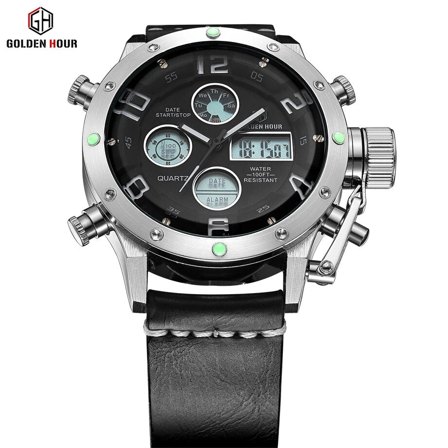 Luxus Marke Wasserdichte Leder Quarz Analog Uhr Männer Digitale LED Armee Militär Sport Armbanduhr Uhr Relogio Masculino