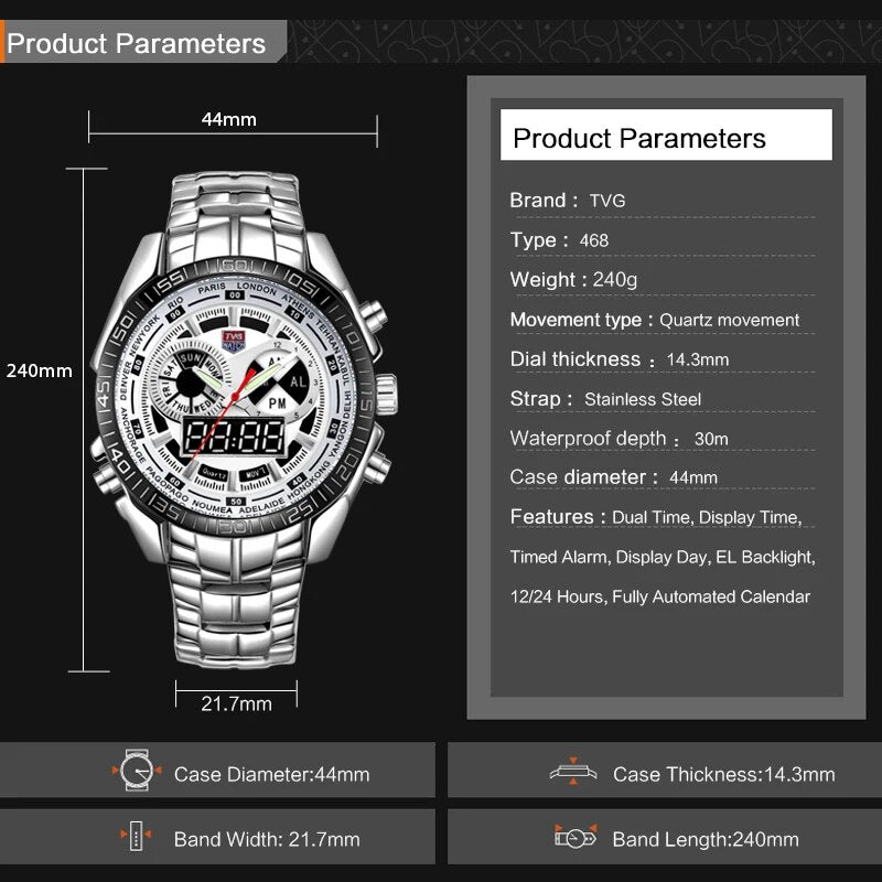 Männer Uhren Wasserdichte Quarzuhr Doppel Display Sport TVG Marke Digital LED Military Writewatch Edelstahl Männliche Uhr