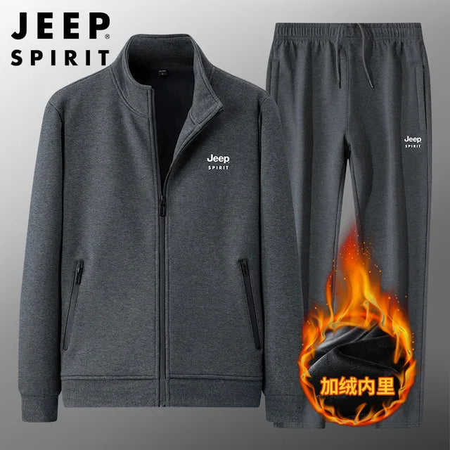 JEEP SPIRIT Autumn Winter Men Suit 100% Cotton Fashion Casual Plus Velvet Thick Warm Cardigan Jacket+Pants Two Piece Set