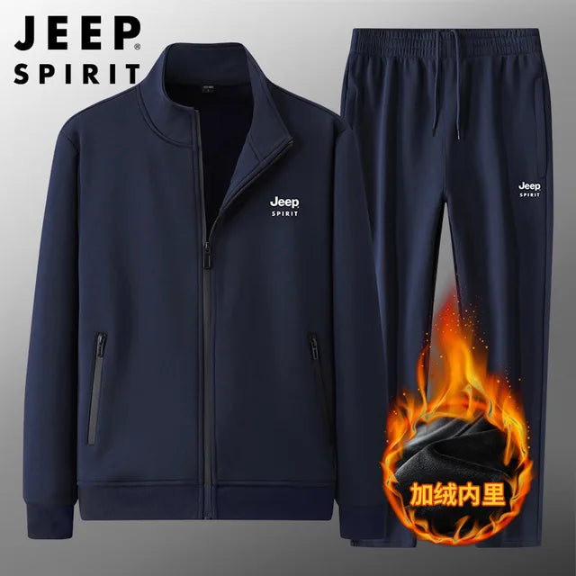 JEEP SPIRIT Autumn Winter Men Suit 100% Cotton Fashion Casual Plus Velvet Thick Warm Cardigan Jacket+Pants Two Piece Set