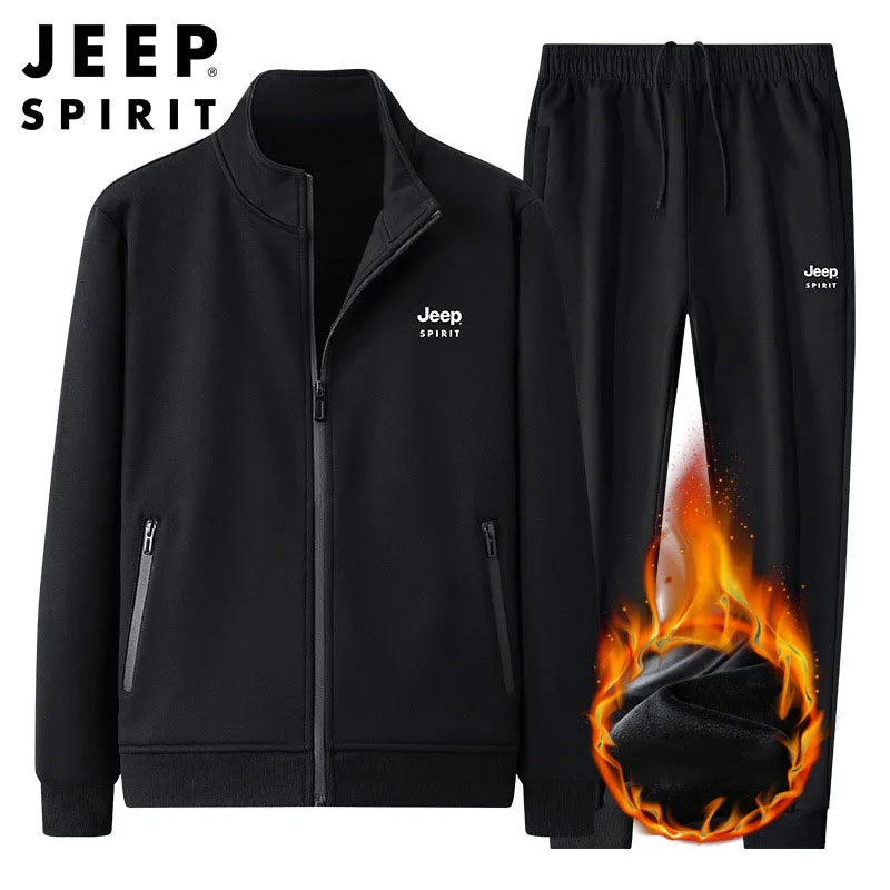 JEEP SPIRIT Autumn Winter Men Suit 100% Cotton Fashion Casual Plus Velvet Thick Warm Cardigan Jacket+Pants Two Piece Set