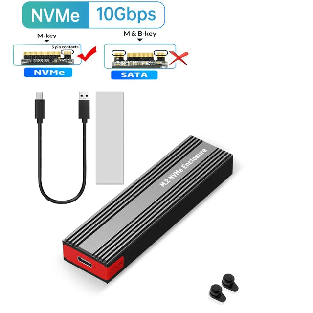 M2 NVMe SSD Enclosure 10Gbps PCIe SSD Case Portable Box USB C 3.2 Gen2 Tool Free External Adapter with Heat Sink Pad for M.2 SSD