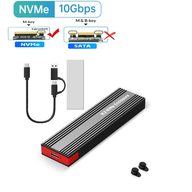 M2 NVMe SSD Enclosure 10Gbps PCIe SSD Case Portable Box USB C 3.2 Gen2 Tool Free External Adapter with Heat Sink Pad for M.2 SSD