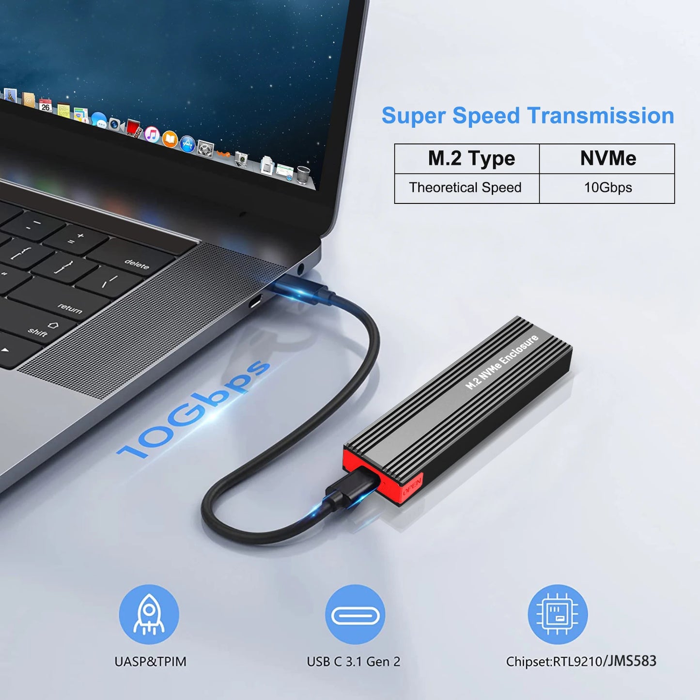 M2 NVMe SSD Enclosure 10Gbps PCIe SSD Case Portable Box USB C 3.2 Gen2 Tool Free External Adapter with Heat Sink Pad for M.2 SSD