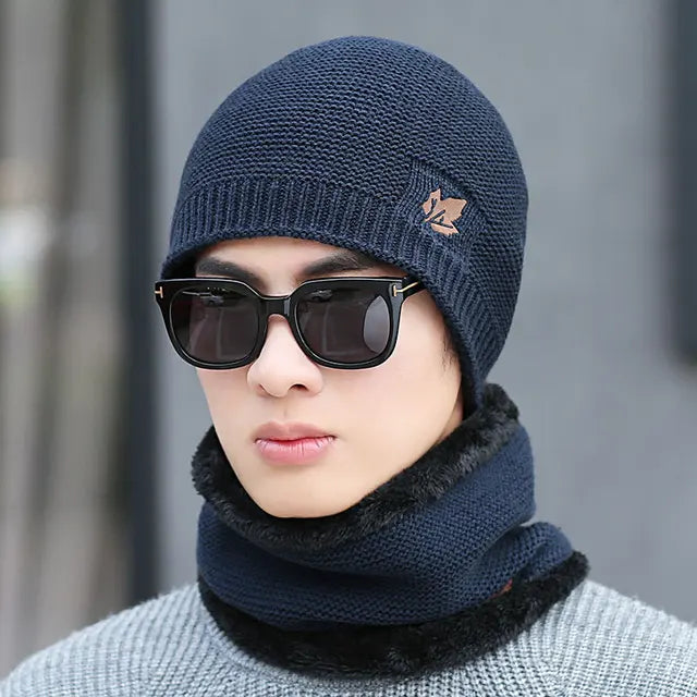 Mens Womens Winter Beanie Hat Scarf Set Warm Knit Hat Thick Fleece Lined Winter Cap Neck Warmer for Men Women