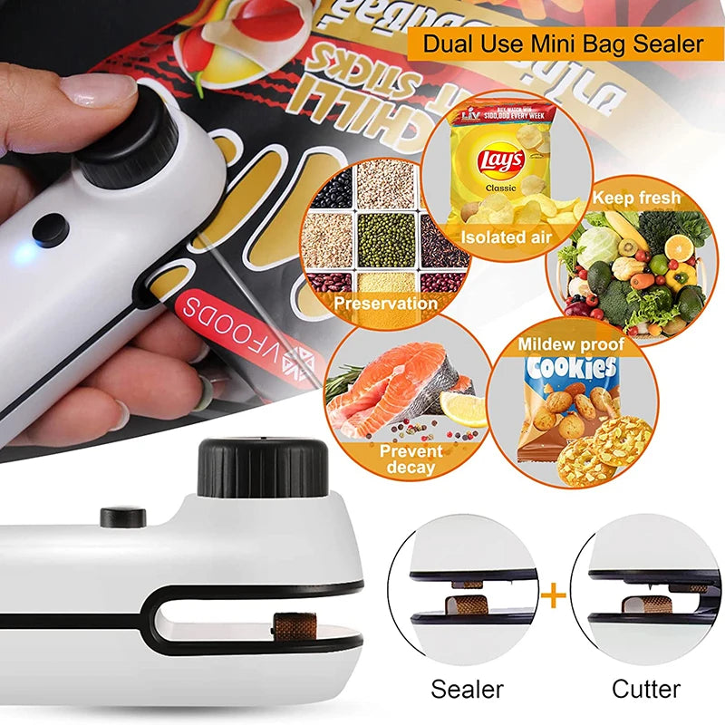 Mini sigillante per sacchetti 2 in 1 termosigillatore ricaricabile USB e taglierina Mini sigillante per sacchetti di trucioli termosaldabile con utensili da cucina magnetici morbidi