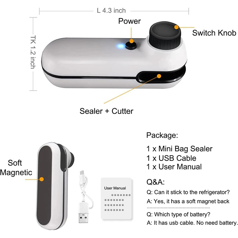 Mini sigillante per sacchetti 2 in 1 termosigillatore ricaricabile USB e taglierina Mini sigillante per sacchetti di trucioli termosaldabile con utensili da cucina magnetici morbidi