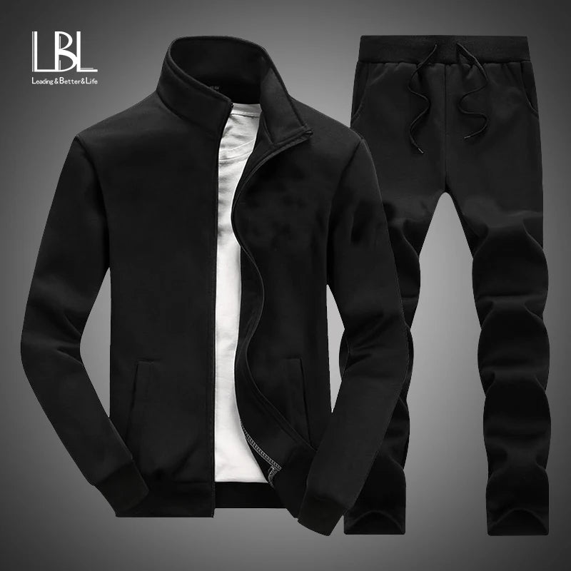 New Casual Tracksuit Men Autumn Zipper Jackets+Pants 2 Piece Set Men Slim Fit Sportswear Brand Fashion 2 Piece Set Solid Men