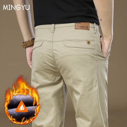 New Winter Warm Fleece Suit Pants Men 97% Cotton Solid Color Business Work Casual Flocking Cargo Casual Pants Men Big Size 40