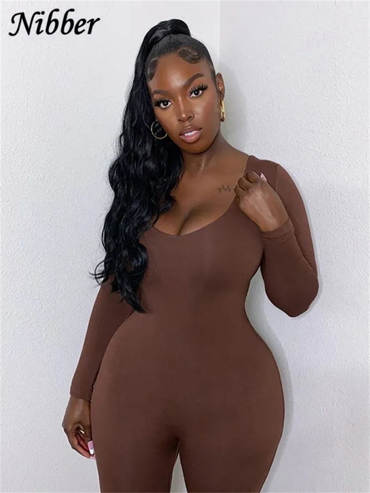 Nibber Basic Bodycon Jumpsuit For Women's Clothing Casual Brown Fitness Rompers 2023 Y2K Playsuit Activity Streetwear Overalls