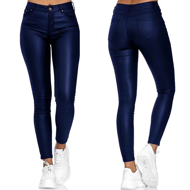 Neue Frauen PU Leder Hosen Hohe Taille Dünne Push-Up-Leggings Elastische Hosen Spandex Jeggings Streetwear S-3XL