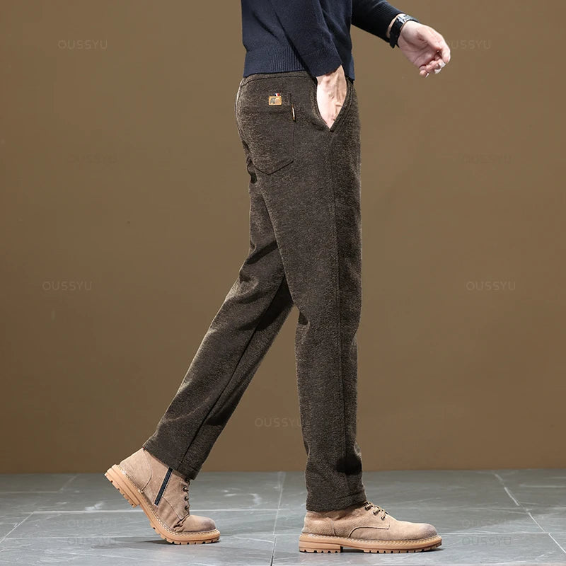 New Thick Business Men's Chenille Fabric Pants Solid Color Brown Gray Work Korean Autumn Winter Brown Black Male Casual Trousers