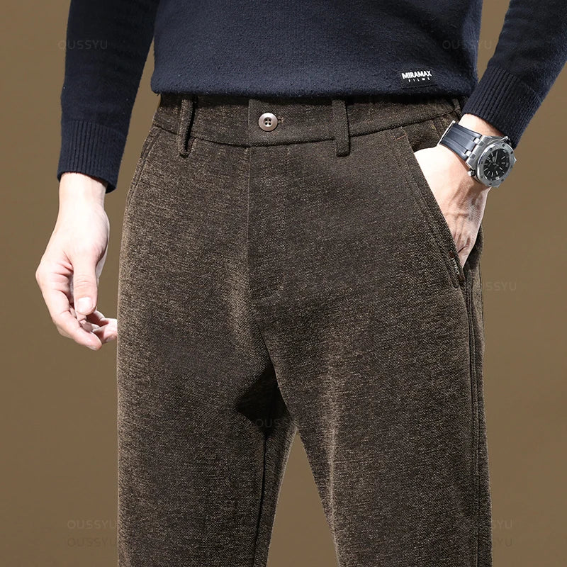 New Thick Business Men's Chenille Fabric Pants Solid Color Brown Gray Work Korean Autumn Winter Brown Black Male Casual Trousers