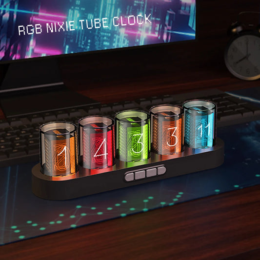 Nixie Tube Digital Clock with RGB LED Bellows for Gaming Desktop Decoration. Luxury Box Packaging for Gift Idea.