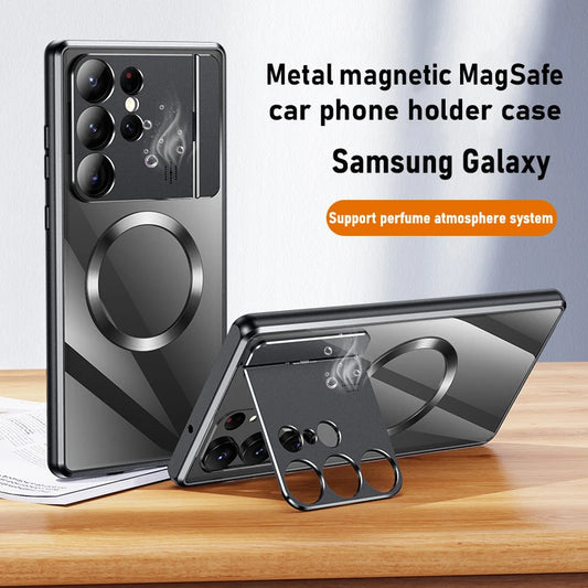 Per Samsung Galaxy S24 S23 Ultra S22 S21 custodia in metallo alluminio magnetico Magsafe supporto per telefono per auto profumo Cover posteriore protettiva