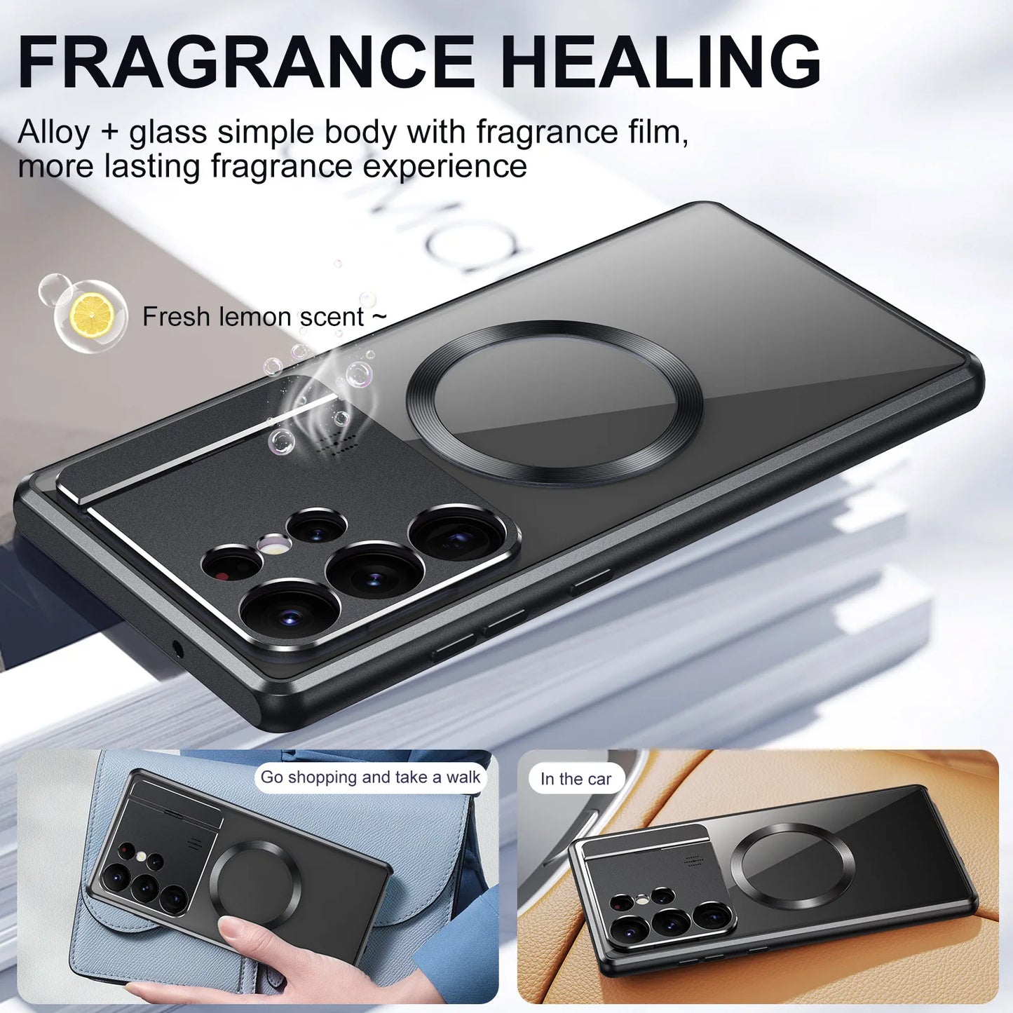 For Samsung Galaxy S24 S23 Ultra S22 S21 Magnetic Aluminum Metal Case Magsafe Car Phone Holder Perfume Protective Back Cover