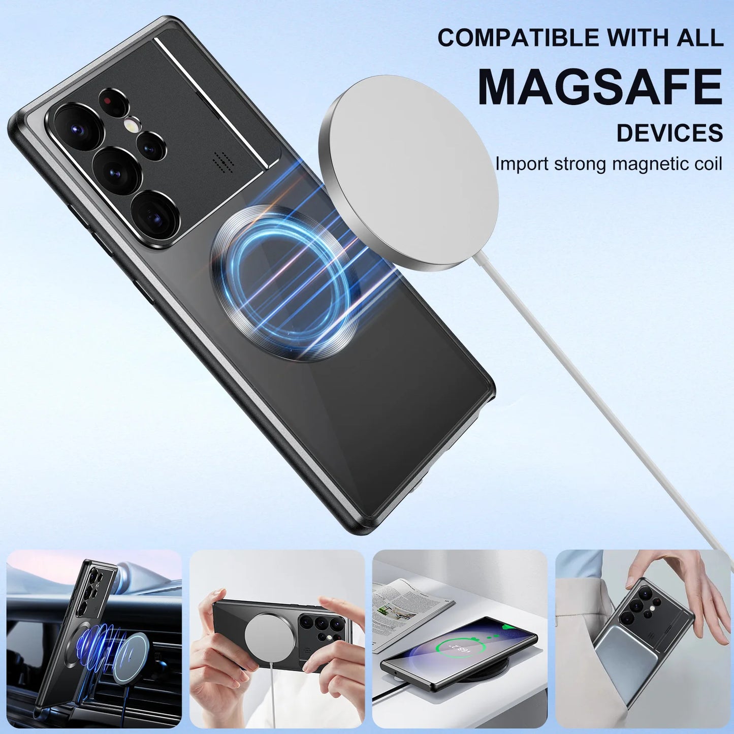 Per Samsung Galaxy S24 S23 Ultra S22 S21 custodia in metallo alluminio magnetico Magsafe supporto per telefono per auto profumo Cover posteriore protettiva