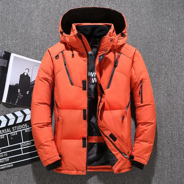 Men's Winter Down Jacket White Duck Warm Hooded Thick Slim Fit Down Coat Male Casual Thermal Overcoat High Quality