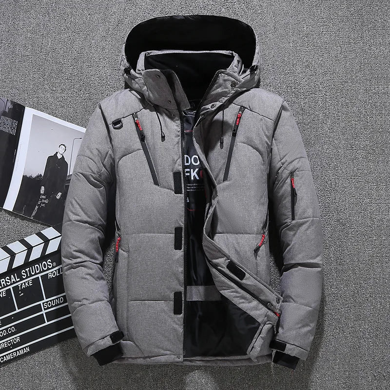 Men's Winter Down Jacket White Duck Warm Hooded Thick Slim Fit Down Coat Male Casual Thermal Overcoat High Quality