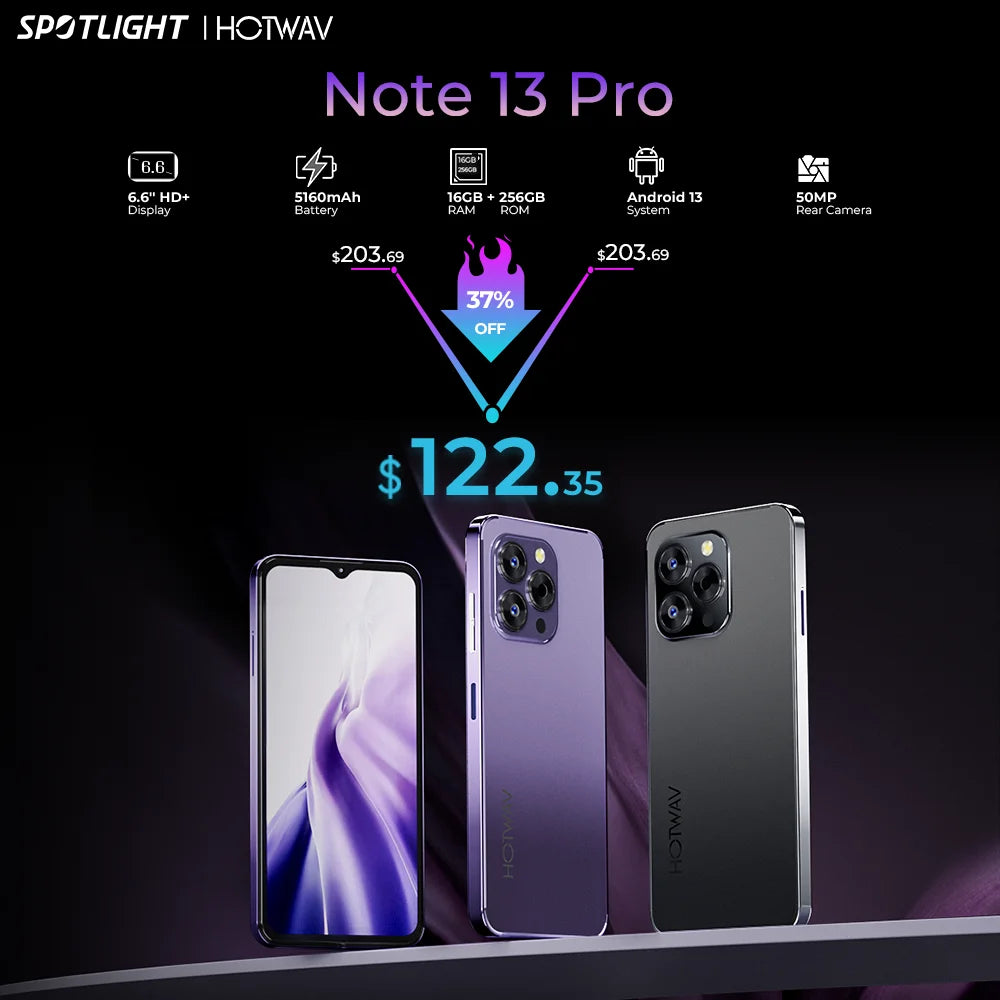 [World First] HOTWAV Note 13 Pro Smartphone 6.6'' HD+ Android 13 16GB+256GB Octa-Core Cellphone 50MP 5160mAh