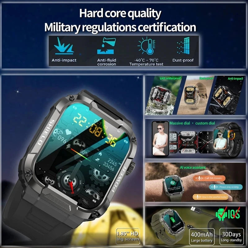 Robusto orologio militare intelligente da uomo per Android IOS Ftiness orologi Ip68 impermeabile 1.85 ''AI Voice Bluetooth Call Smartwatch 2023