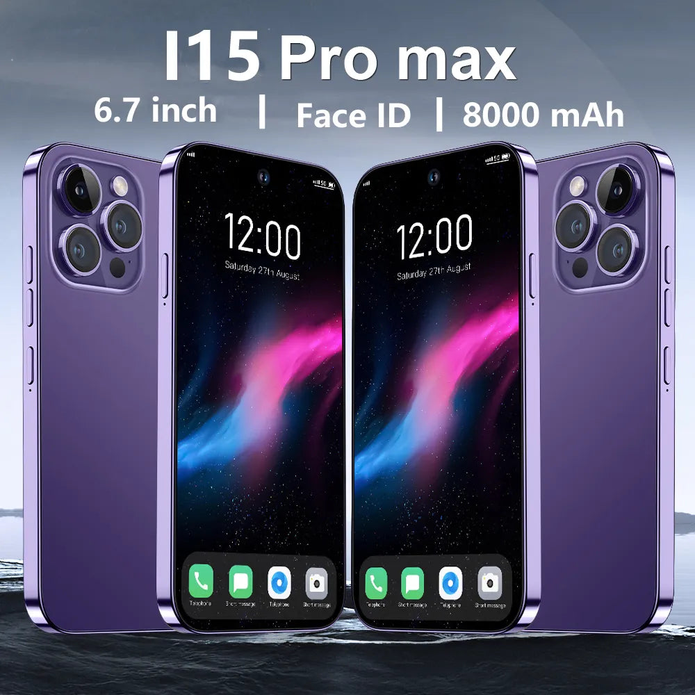 New I15 Pro Max Global Version Face ID 6.7 Inch Smartphone 4G 5G Cellphones 16GB+1TB Cell Phone 8000mAh Android Mobile Phones