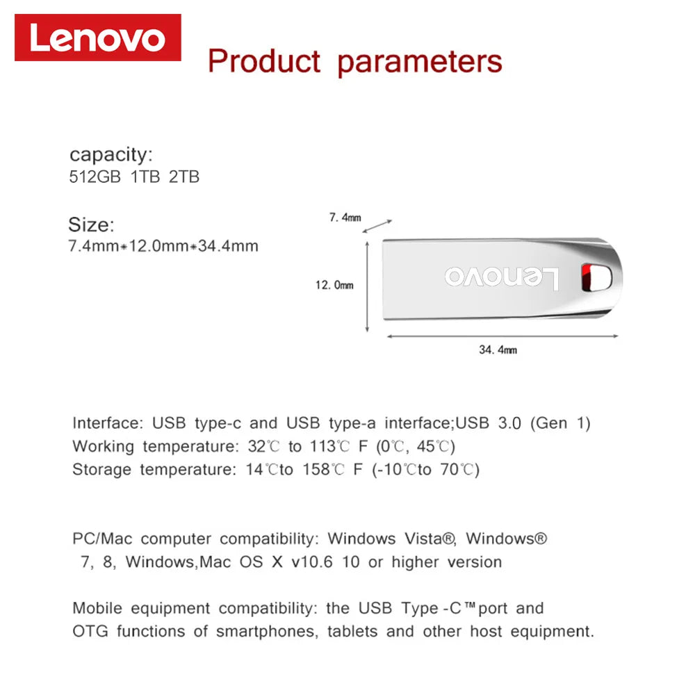 Lenovo 2 TB USB-Flash-Laufwerke, Mini-Metall-Speicherstick mit echter Kapazität, schwarzer Pen-Drive, kreatives Werbegeschenk, silberne Speicher-U-Disk 