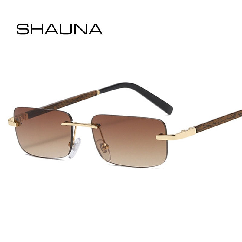 SHAUNA Trendige kleine rechteckige Sonnenbrille mit Retro-Holzmaserung, randlos, Farbverlauf, UV400