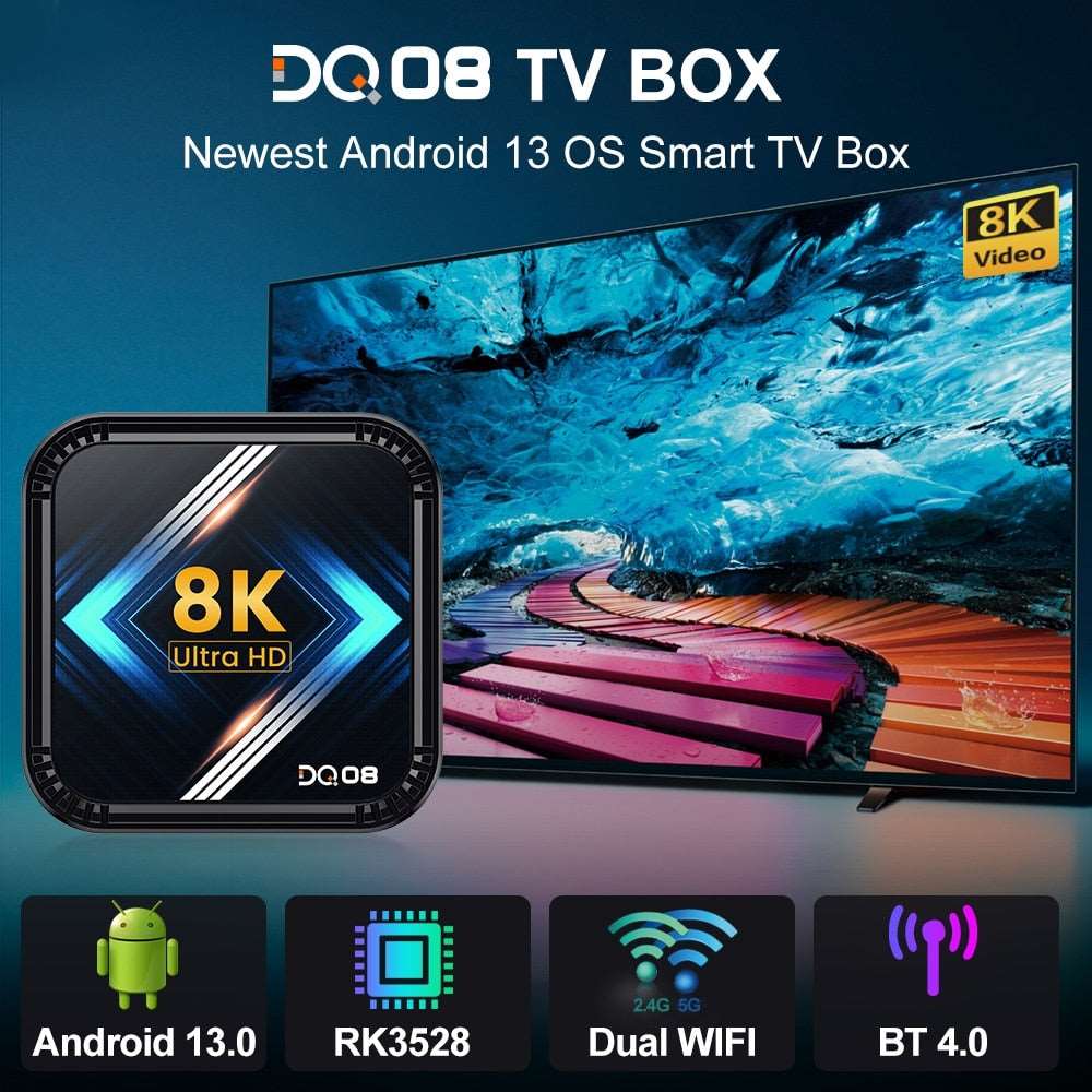 DQ08 RK3528 Smart TV Box Android 13 Quad Core Cortex A53 Support 8K Video 4K HDR10+ Dual Wifi BT Google Voice 2G16G 4G 32G 64G