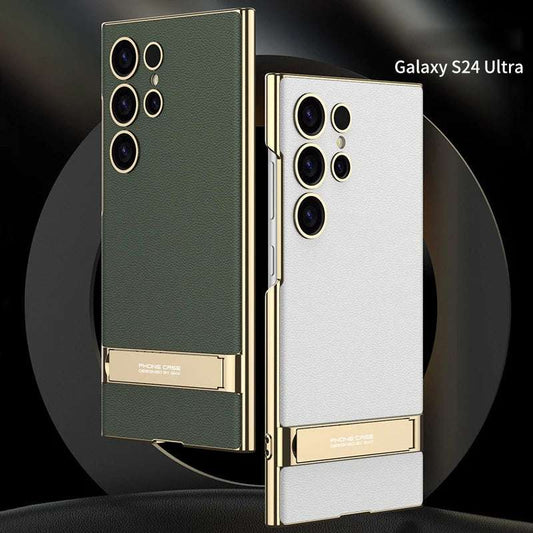 For Samsung Galaxy S24U S25 Ultra Electroplated Vegan Leather Stand Phone Case Mechanical Adjustable Stand Business Phone Case