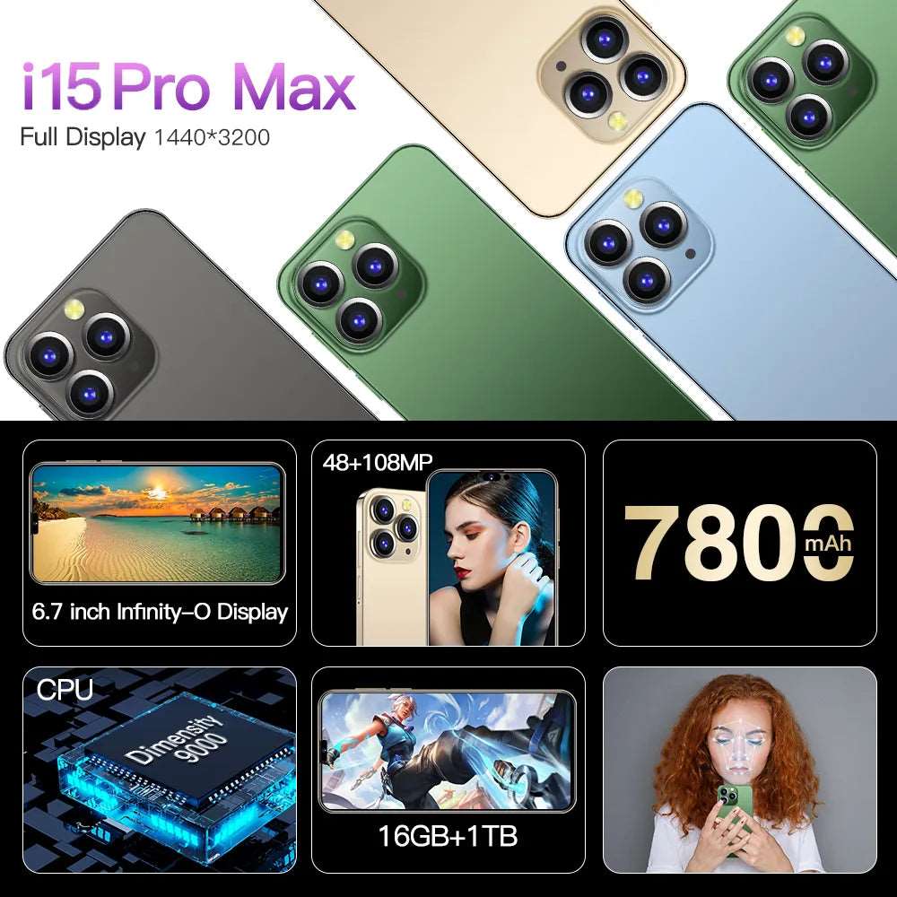 i15 Pro Max 16G+1T Smartphone 6.7 In Full Screen 4G 5G Cell Phone 7800mAh Mobile Phones Global Version