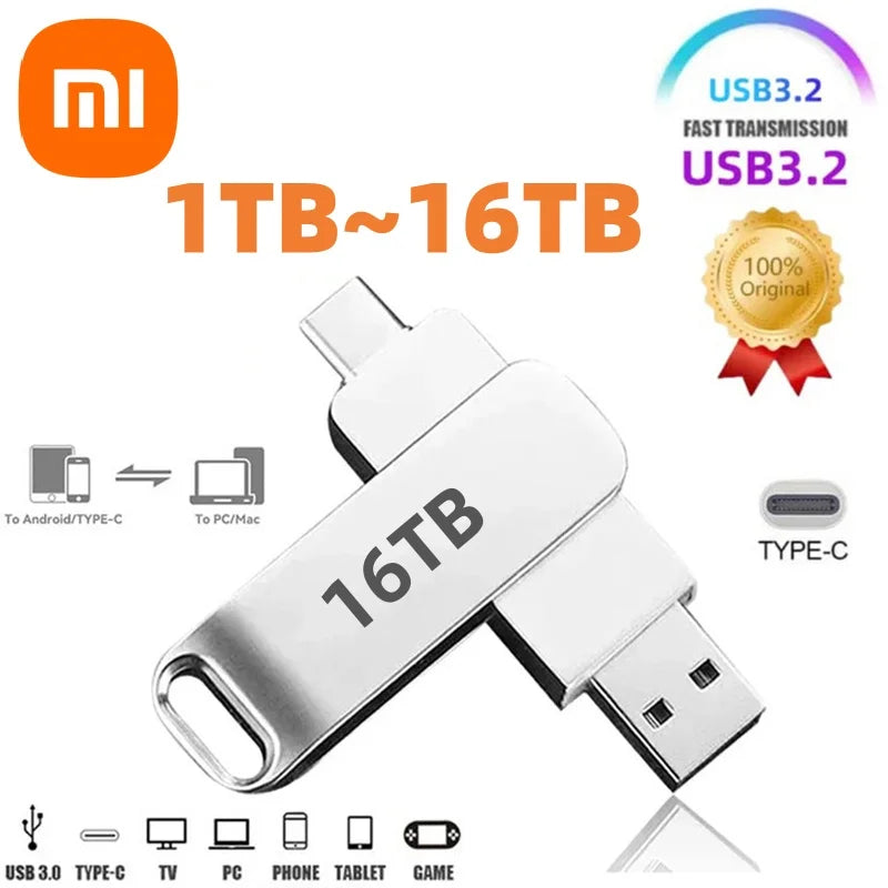 Xiaomi 16TB Flash Drive Usb 3.2 Super High Speed Metal Transfer U Disk Pen Drive Waterproof Type C Disk SSD USB Drive Disk