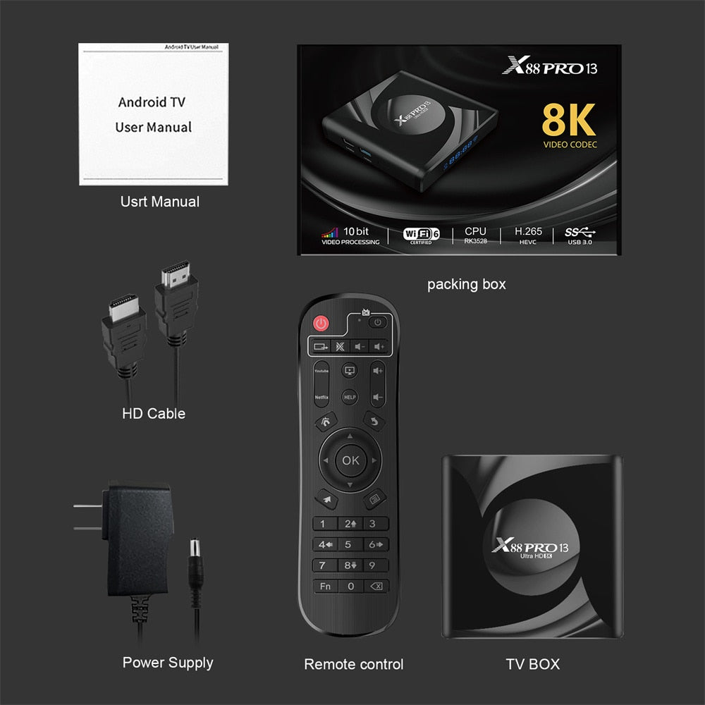 Woopker X88 PRO 13 Smart TV Box Android 13 TV Box RK3528 4GB 64GB 8K HD Media Player WIFI6 BT5 OTA Upgrade APP Store Set Top Box