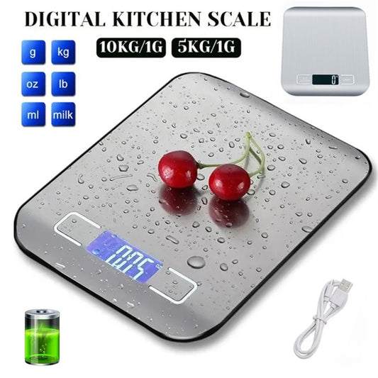 Digital Kitchen Scale 5kg/10kg Stainless Steel Panel USB Charg Precise Small Platform Scale Portable Multifunction LCD Display