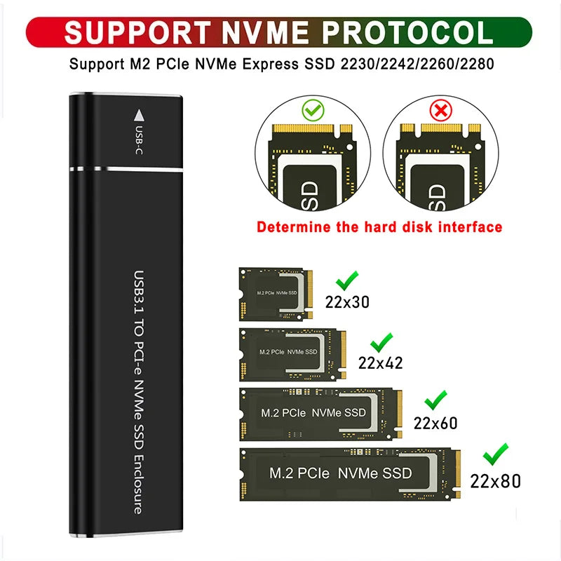 Samget NVME M.2 Solid State Drive External Enclosure 2230/2242/2260/2280 M.2 to USB C Case 10Gbps Type A + Type C For M/M+B Key