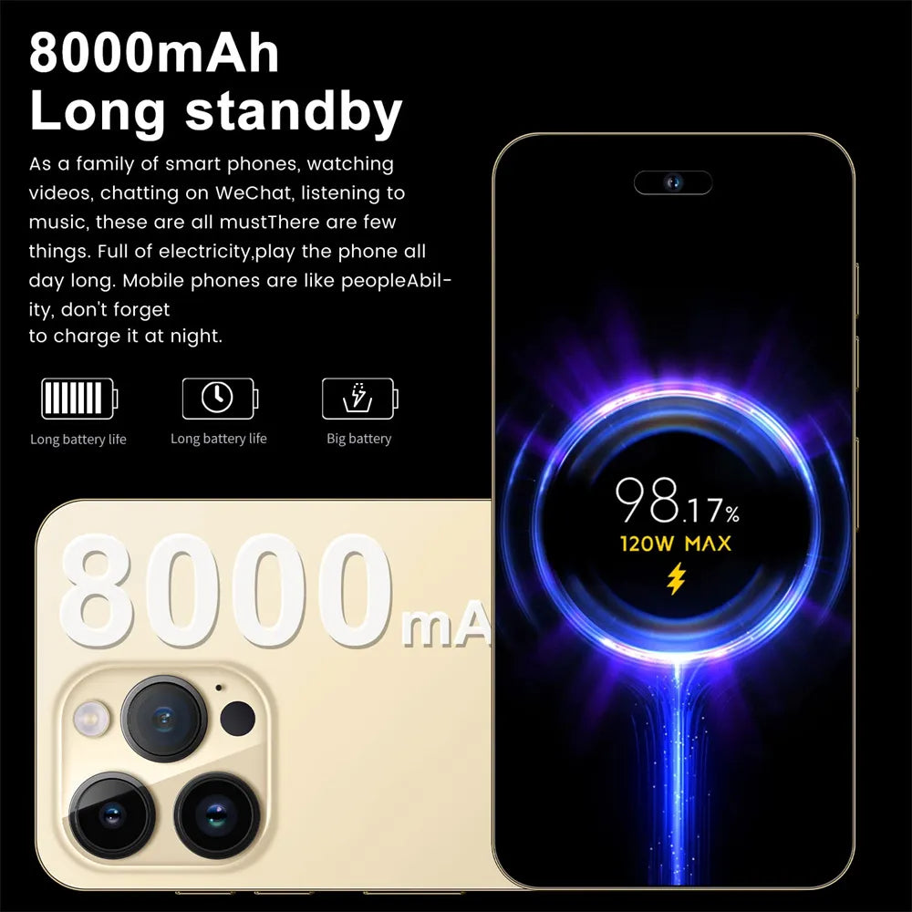 New I15 Pro Max Global Version Face ID 6.7 Inch Smartphone 4G 5G Cellphones 16GB+1TB Cell Phone 8000mAh Android Mobile Phones