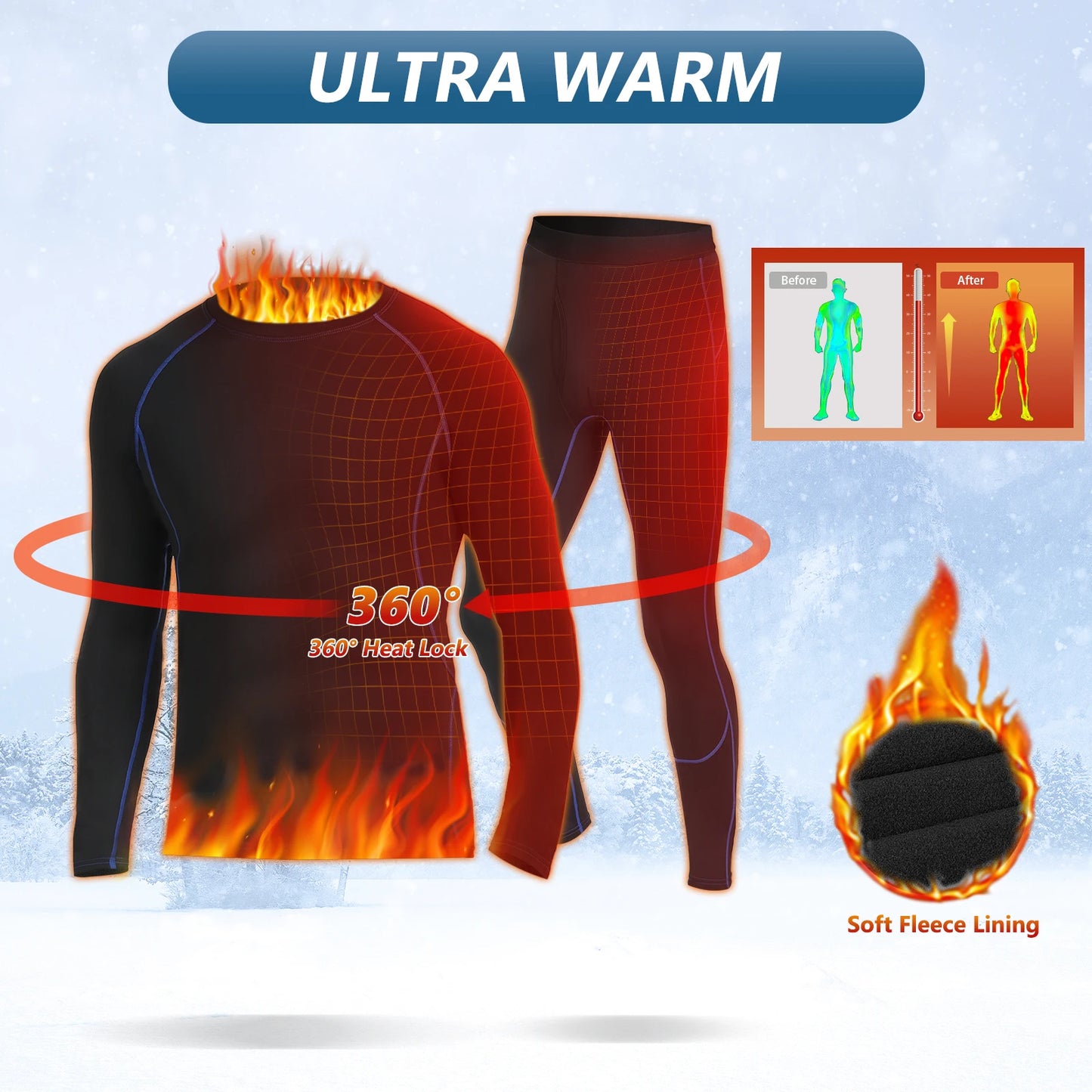 Thermal Underwear Set Mens Long Johns Quick Dry Base Layer Compression Fleece Lined Winter Long Sleeve Top Bottom Workout