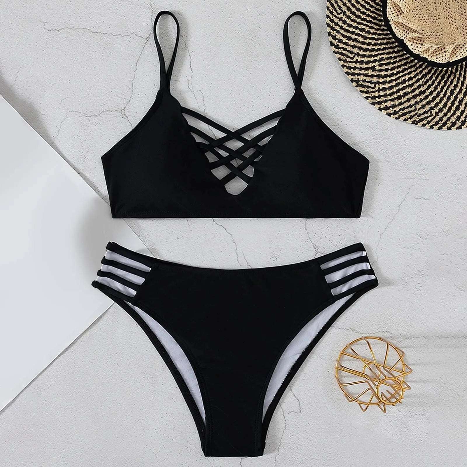 Sexy Bikini diviso per le donne costumi da bagno 2 pezzi Set costume da bagno scava fuori vita bassa tronchi Beach Tankini Set trajes de bano mujer