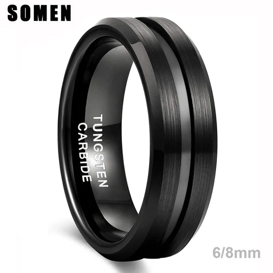 Somen Men's Ring Black Tungsten Carbide Ring 6mm 8mm Brushed Groove Wedding Bands Male Engagement Rings Anel Masculino Comfort Fit