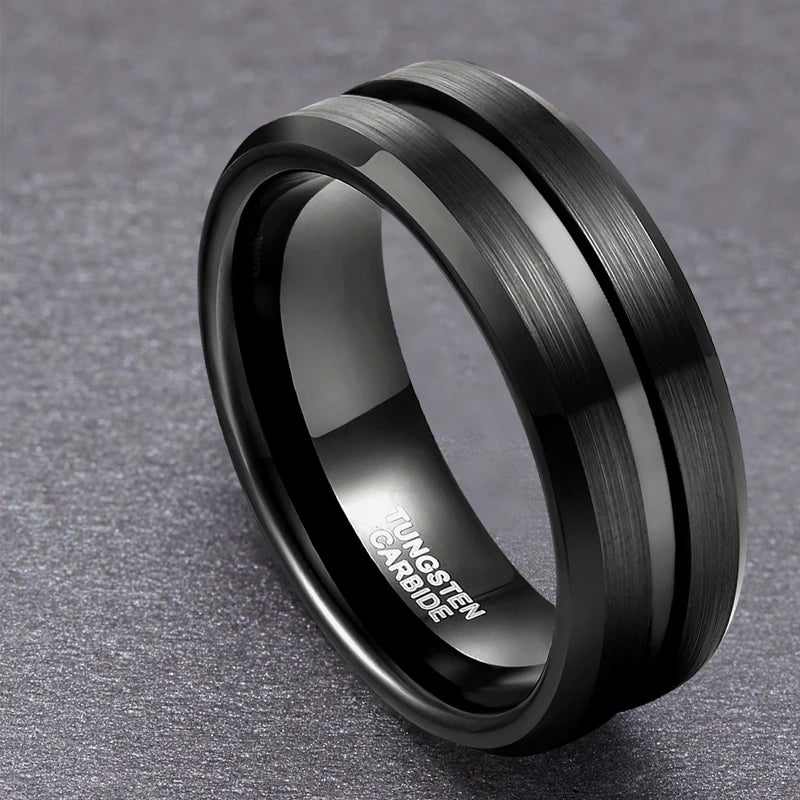 Somen Men's Ring Black Tungsten Carbide Ring 6mm 8mm Brushed Groove Wedding Bands Male Engagement Rings Anel Masculino Comfort Fit