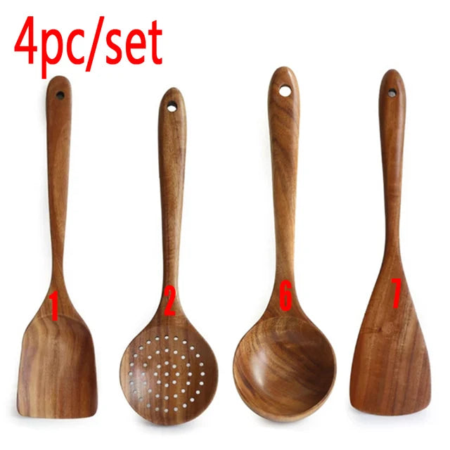 Thailand Teak Natural Wooden Tableware Spoon Ladle Turner Long Rice Strainer Soup Skimmer Spoons Kitchen Scoop Kitchen Utensil Set