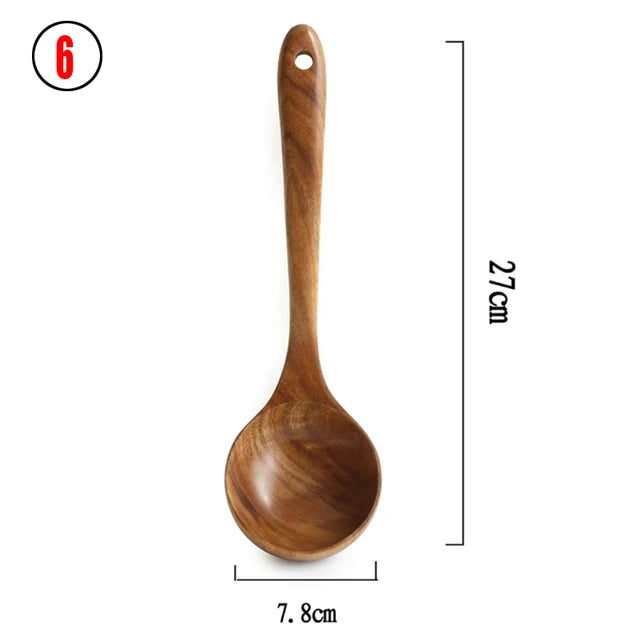 Thailand Teak Natural Wooden Tableware Spoon Ladle Turner Long Rice Strainer Soup Skimmer Spoons Kitchen Scoop Kitchen Utensil Set