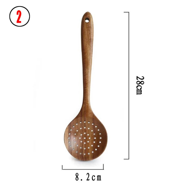 Thailand Teak Natural Wooden Tableware Spoon Ladle Turner Long Rice Strainer Soup Skimmer Spoons Kitchen Scoop Kitchen Utensil Set