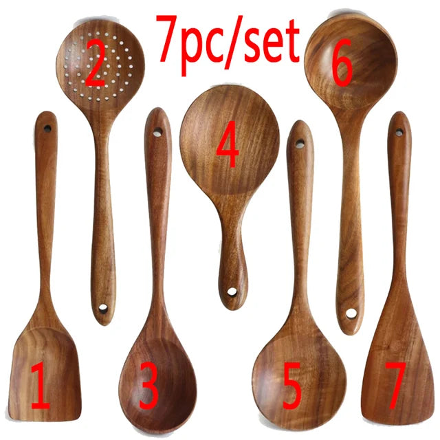 Thailand Teak Natural Wooden Tableware Spoon Ladle Turner Long Rice Strainer Soup Skimmer Spoons Kitchen Scoop Kitchen Utensil Set