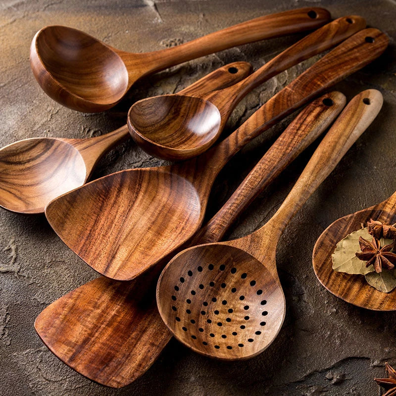 Thailand Teak Natural Wooden Tableware Spoon Ladle Turner Long Rice Strainer Soup Skimmer Spoons Kitchen Scoop Kitchen Utensil Set